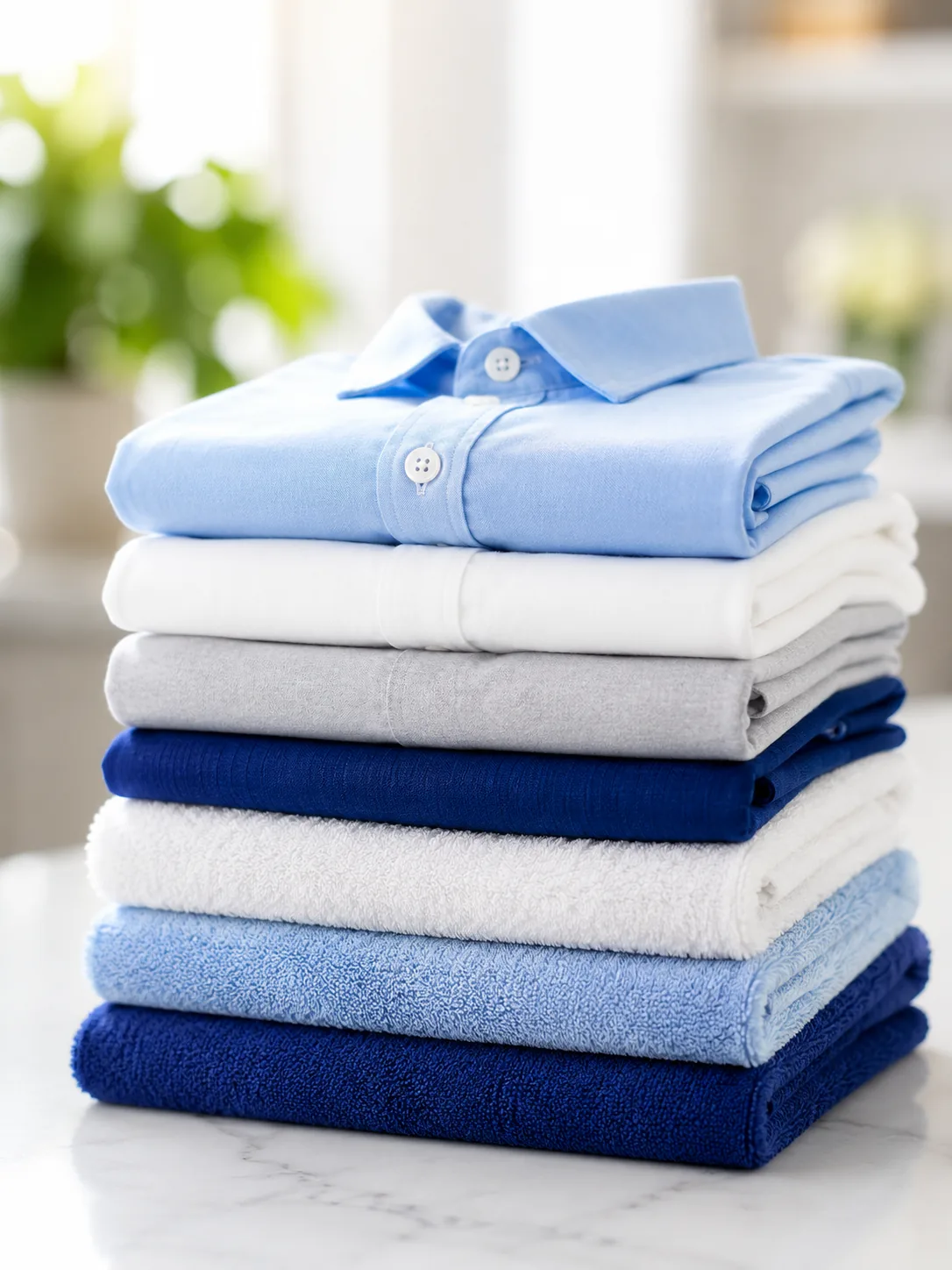 Neatly folded laundry stacks