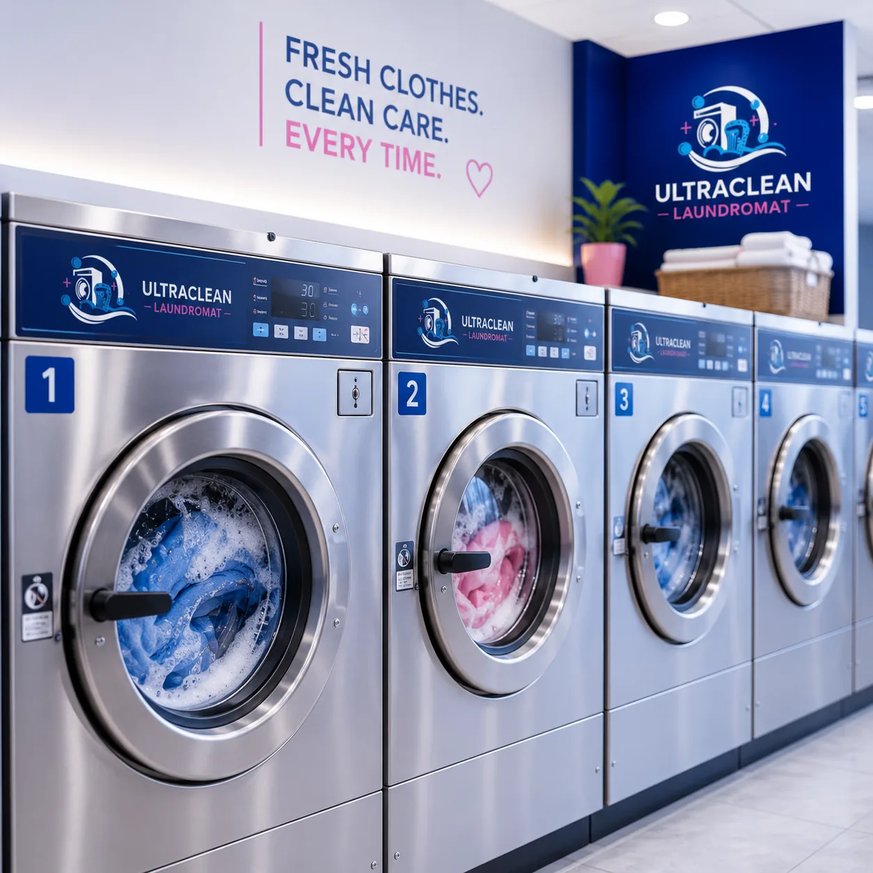 Row of washing machines running